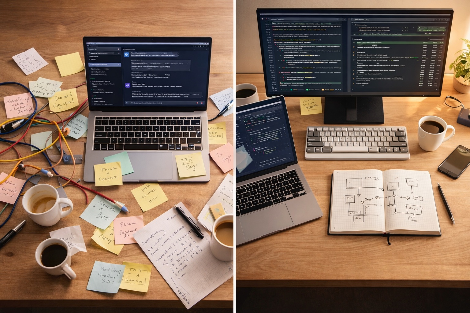 Split view of two developer workspaces: left side shows chaotic desk with scattered sticky notes and tangled cables representing vibe coding, right side shows organized setup with dual monitors, git diffs, and a structured architecture notebook representing agentic engineering