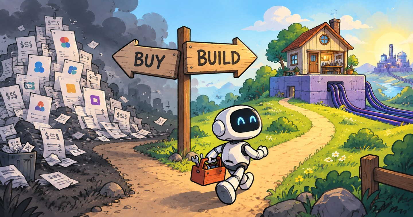 Cartoon illustration of a fork in the road. A signpost points left to BUY, toward a grey mountain of unpaid invoices under storm clouds, and right to BUILD, toward a sunlit path. A small robot carrying a toolbox walks the BUILD path toward a cheerful handmade house, which sits on a massive industrial concrete foundation with thick power cables running from it to a distant plant on the horizon