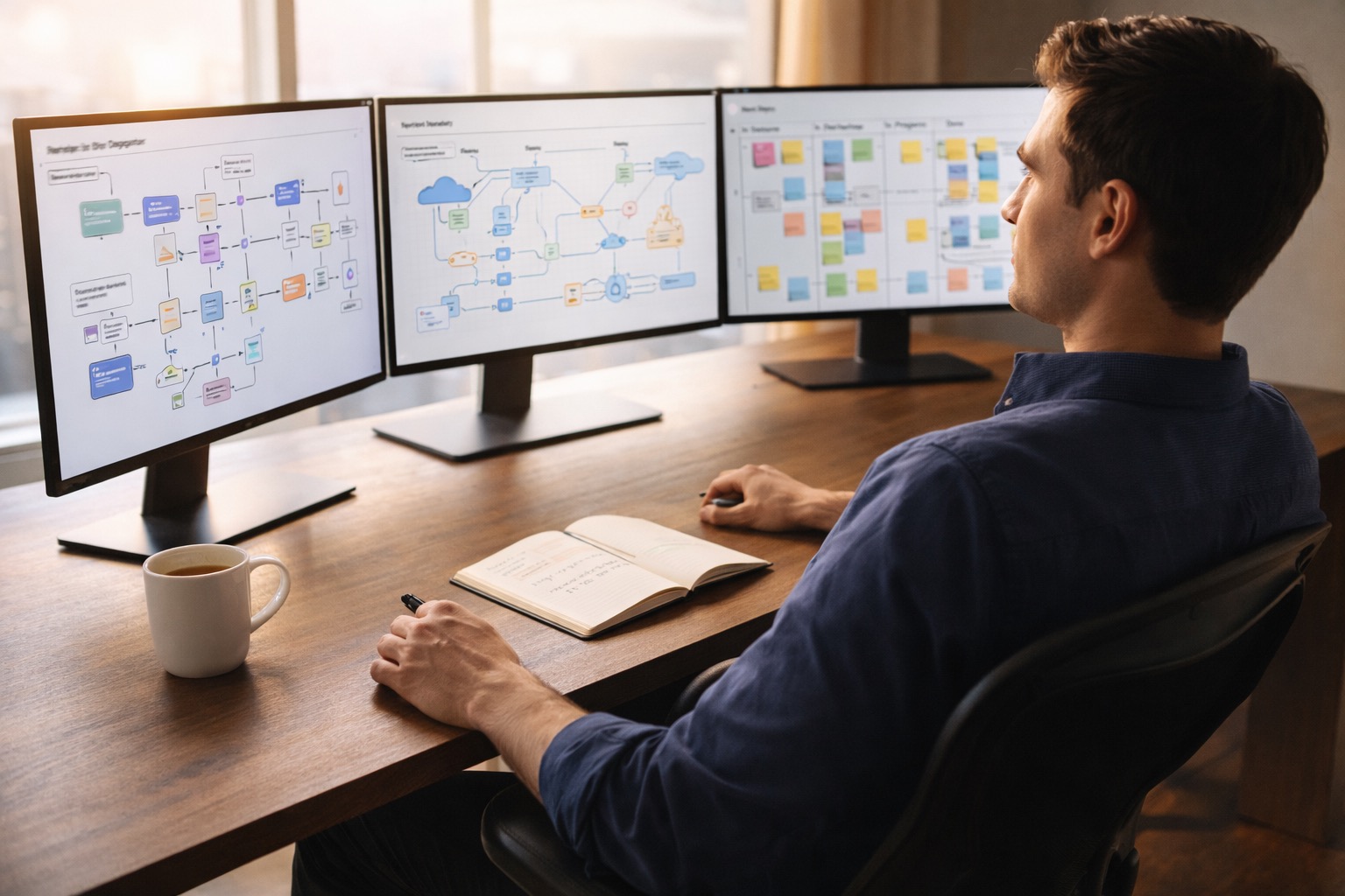 A single person at a desk surrounded by multiple glowing screens showing code, architecture diagrams, and agent sessions — the modern CTO orchestrating AI agents