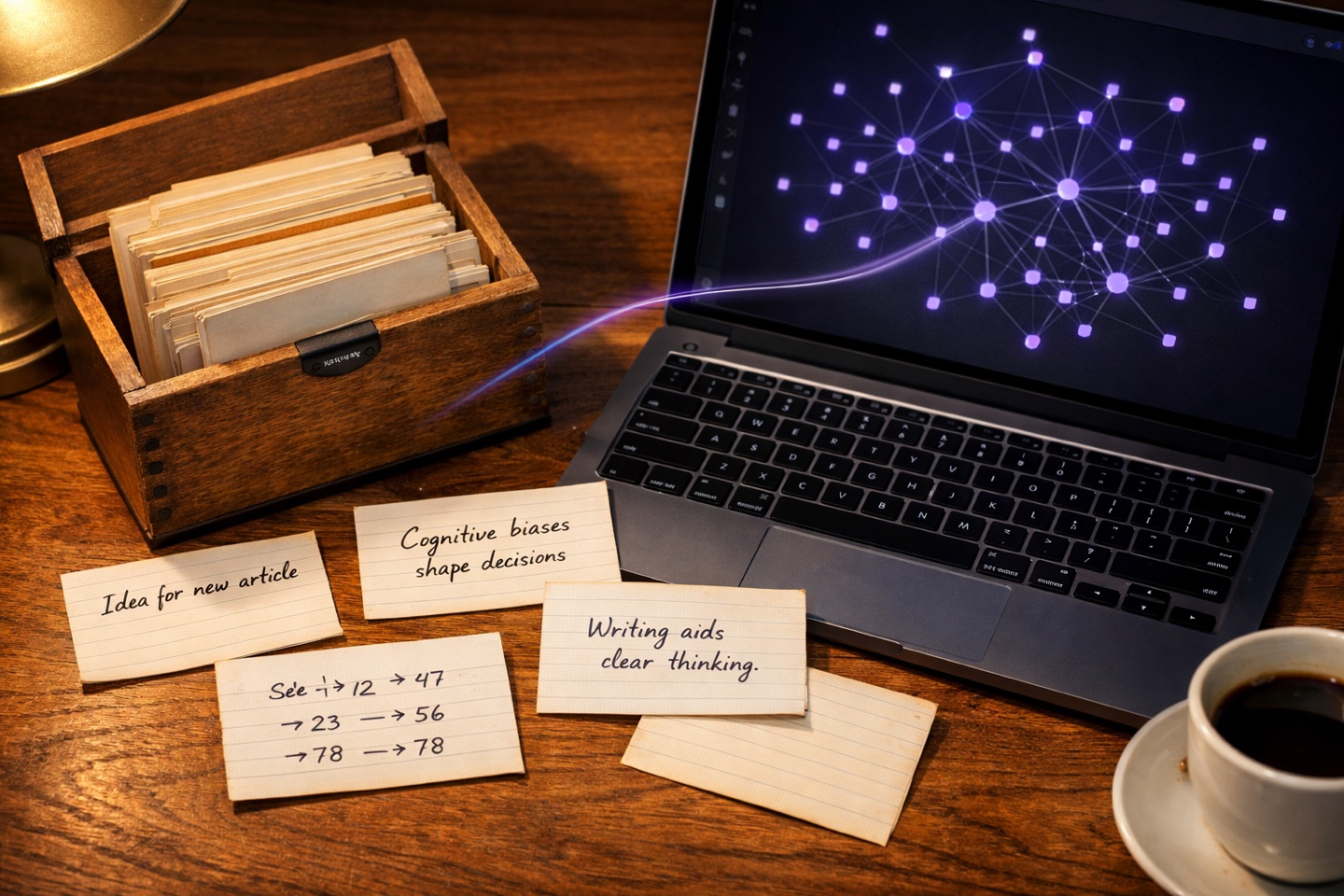 A wooden card catalog box with handwritten index cards on a desk, next to a laptop showing an Obsidian-style knowledge graph — the analog Zettelkasten method meeting its digital equivalent